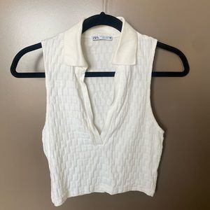 Zara Jacquard Knit Polo Collar V Neck Cropped Tank, Small
